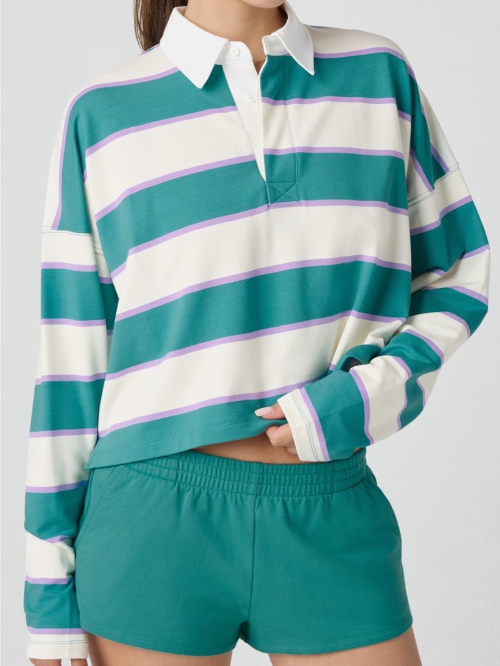 Striped Teal, Cream & Lavender Crop Rugby Polo Top
